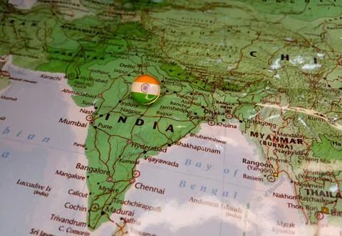 Drawing pin flag of India on the map Stock Photos