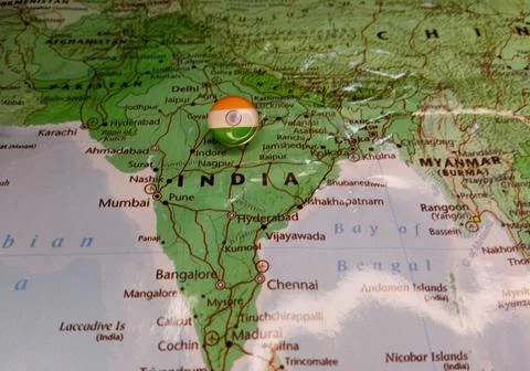 Drawing pin flag of India on the map Stock-Fotos