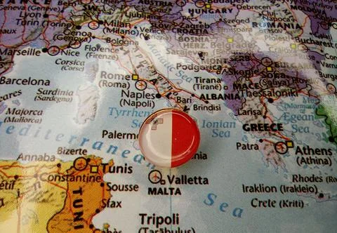 Drawing pin flag of Malta on the map Stock Photos