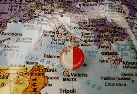 Drawing pin flag of Malta on the map Stock Photos