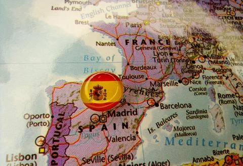 Drawing pin flag of Spain on the map Stock Photos