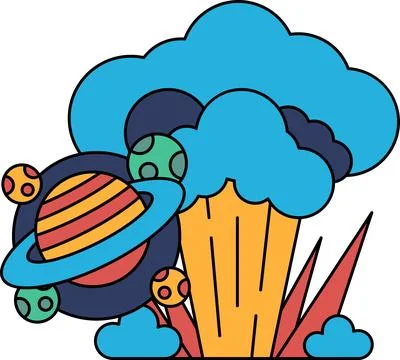 A drawing of a planet with a rocket on it and a cloud of smoke Stock Illustration