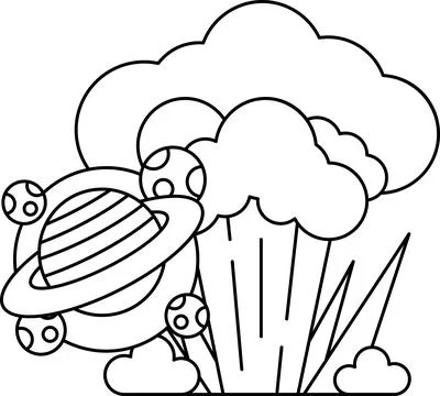 A drawing of a planet with a rocket on it and a cloud of smoke Stock Illustration