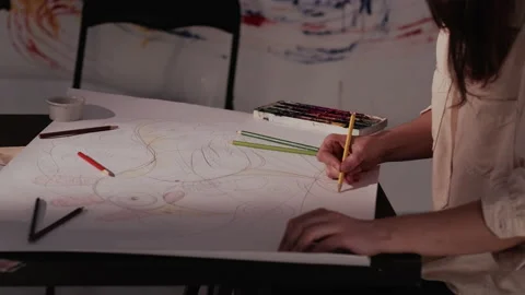 Drawing process female artist artwork creation Stock Footage 166898016