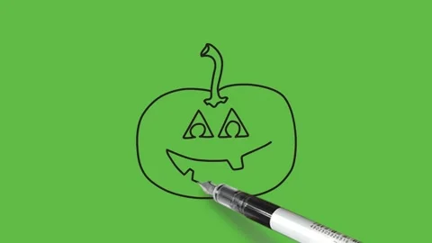 Drawing pumpkin in orange colour with black outline on abstract green background Video stock 157615062