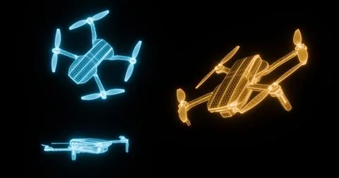 Drawing of a quadcopter drone three projections in the form of a wireframe of Stock Illustration