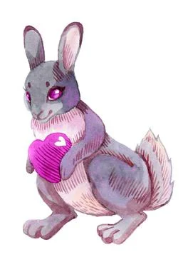 Drawing rabbit of a red heart shape with blots in watercolor on white paper Stock Illustration