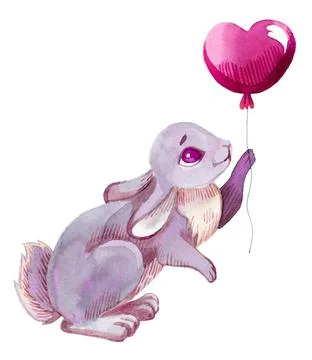 Drawing rabbit of a red heart shape with blots in watercolor on white paper Stock Illustration
