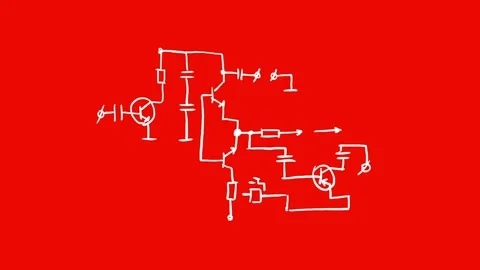 Drawing of radio elements, electronics on red background Stock Footage 292305017