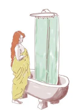 Drawing of red haired lady and bathtub Иллюстрация