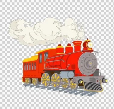 Drawing of a red train on the rails with white smoke from the chimney Stock Illustration