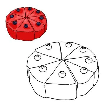A drawing of a red watermelon fruit cake with and lack berry on top coloring pag Stock Illustration