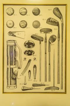 Drawing representing all the necessary material for the practice of golf Stock Photos