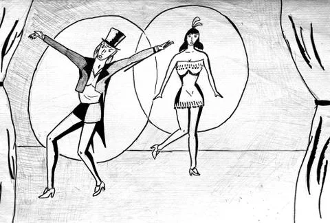 Drawing representing two dancers in a cabaret show Illustrazione stock