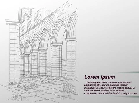 Drawing of ruined building. Stock Illustration