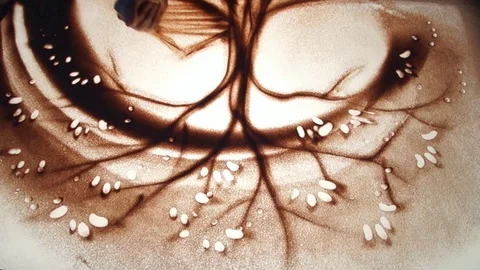 Drawing with sand. Drawing sand on a white screen. Sand Artist. Hands draws Stock Footage 89614042
