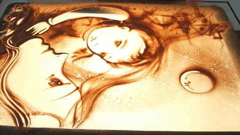 Drawing with sand. Drawing sand on a white screen. Sand Artist. Hands draws Stock Footage 89653035