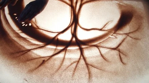 Drawing with sand. Drawing sand on a white screen. Sand Artist. Hands draws Stock Footage 89653085