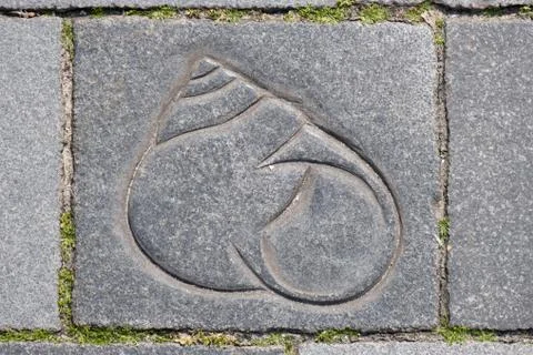Drawing of a shell on a stone sidewalk in an old European port city Stock Photos