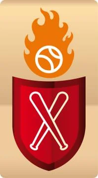Drawing of shiny baseball shield with ball in flames. Stock Illustration