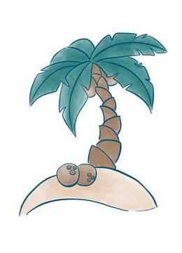 Drawing of a simple palm tree with cocoanuts, a children's illustration on a Stock Illustration