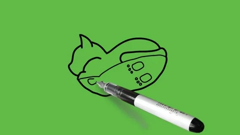 Drawing a sitting cat showing side face in black, grey, pink and white colour Vidéo 155365315