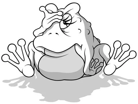 Drawing of a Sitting Frog with a Hand on his Forehead Stock Illustration