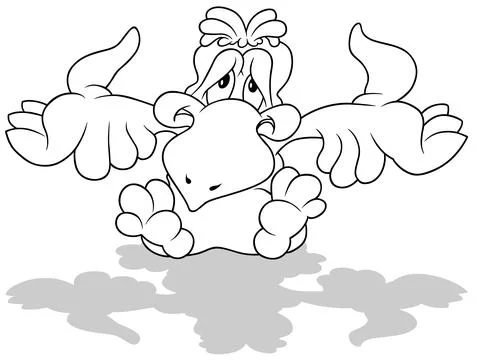 Drawing of a Sitting Grumpy Parrot with Outstretched Wings Illustrazione stock