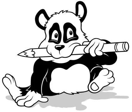 Drawing of a Sitting Panda Bear with a Crayon in his Mouth Stock Illustration
