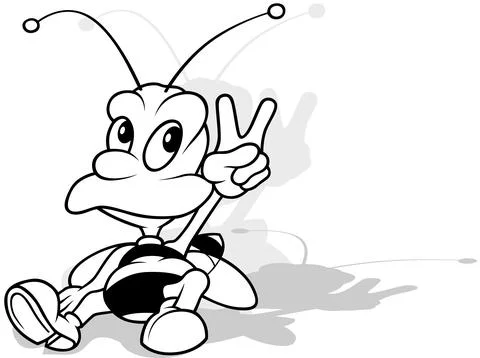 Drawing of a Sitting Striped Bee Showing Victory Stock Illustration