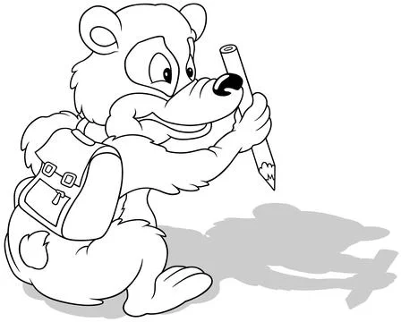 Drawing of a Sitting Teddy Bear with a School Bag on his Back and a Crayon .. Stock Illustration