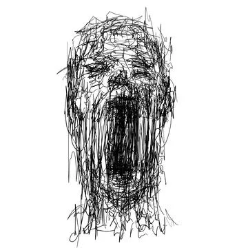 Drawing sketch of expressive face of person screaming loud Stock Illustration