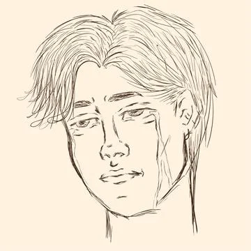 Drawing sketch sad crying guy with tears Stock Illustration