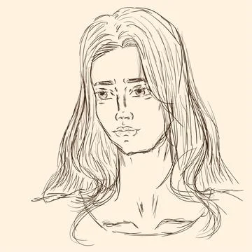 Drawing sketch sad girl with loose hair big eyes Stock Illustration