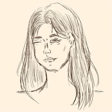 Drawing sketch winking girl with loose hair Stock Illustration
