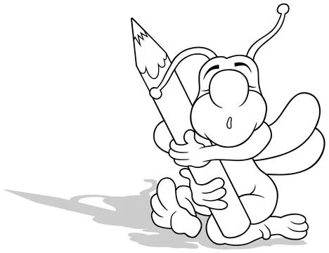 Drawing of a Sleeping Beetle Hugging a Crayon Stock Illustration