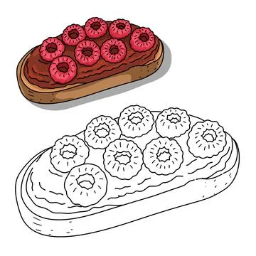 A drawing of a slice bread with sweet and fresh raspberries fruit on top for bre イラスト素材