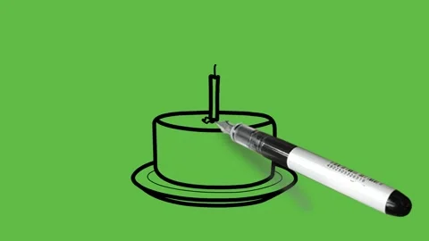 Drawing small cake in blue plate with one candle in black outline on green scree Видео 157601709