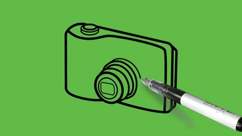 Drawing small camera with black and blue colour combination on abstract green Video stock 153790642