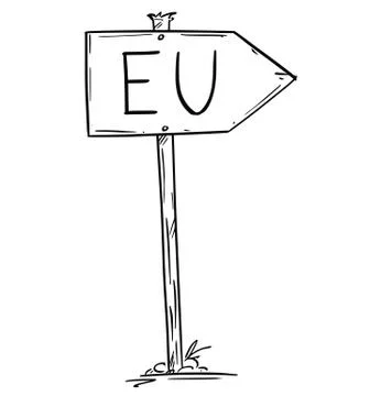 Drawing of Small Rustic Wooden Road Arrow Sign With EU or European Union Text イラスト素材