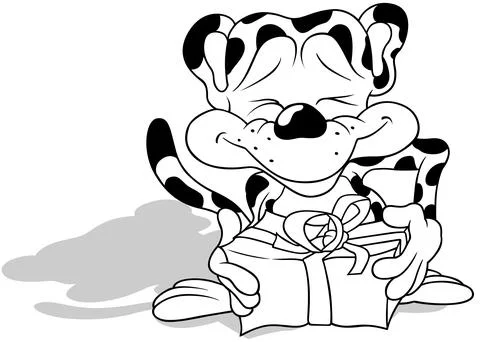 Drawing of a Smiling Leopard with a Gift in its Paws Stock Illustration