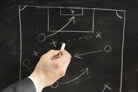 Drawing a soccer strategy schema in a blackboard Stock Photos