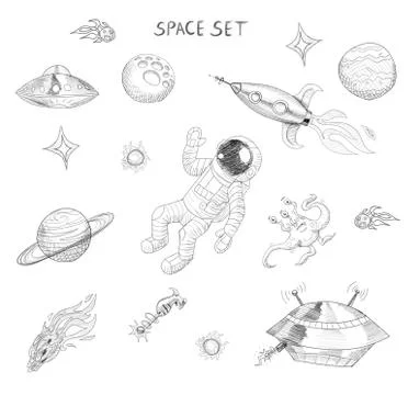 Drawing of space objects: astronaut, alien, ufo, spaceship, comet, planets and Stock Illustration