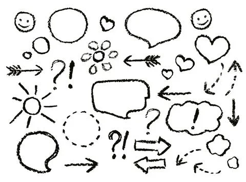 Drawing speech bubbles. Crayon arrows, heart shape, sign, symbols funny set Stock Illustration