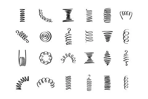 Drawing spiral set. Hand drawn Metal coil spiral icons. Doodle flexible coils Stock Illustration
