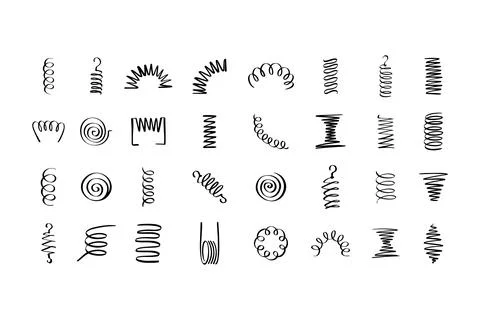 Drawing spiral set. Hand drawn Metal coil spiral icons. Doodle flexible coils Stock Illustration