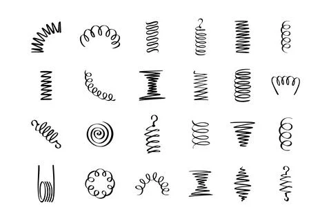 Drawing spiral set. Hand drawn Metal coil spiral icons. Doodle flexible coils Stock Illustration