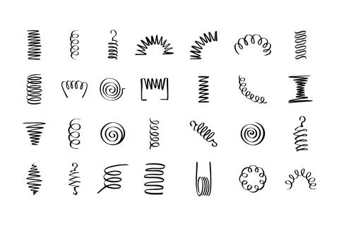 Drawing spiral set. Hand drawn Metal coil spiral icons. Doodle flexible coils Stock Illustration
