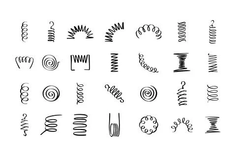 Drawing spiral set. Hand drawn Metal coil spiral icons. Doodle flexible coils Illustrazione stock