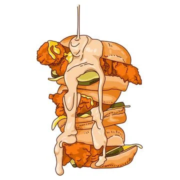 A drawing of a stack of fried chicken burger melted cheese and full pouring of p Stock Illustration